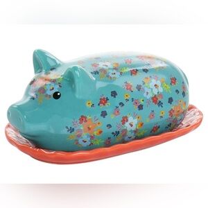 Pig Ceramic Covered Butter Dish Blue with Multi-Color Flowers by Gibson Everyday